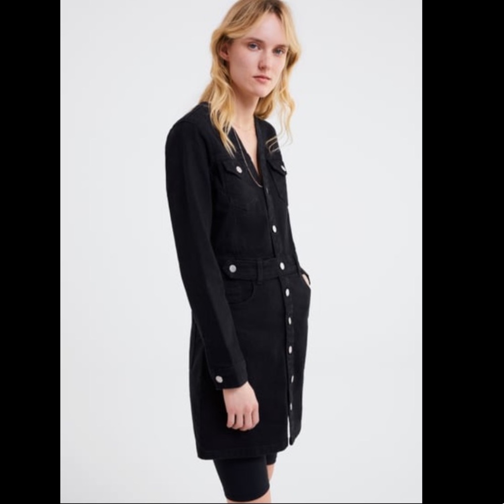 Zara Black Denim Long Sleeve Button Up Dress S